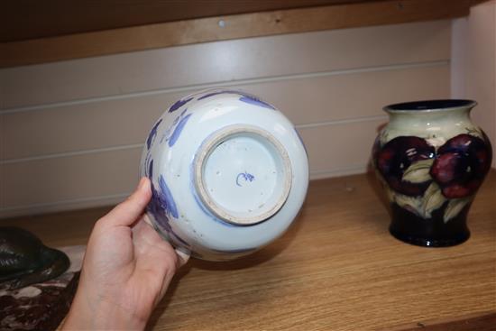 A Chinese crackle glaze bowl, early 20th century blue and white bowl and a wood stand largest diameter 17cm